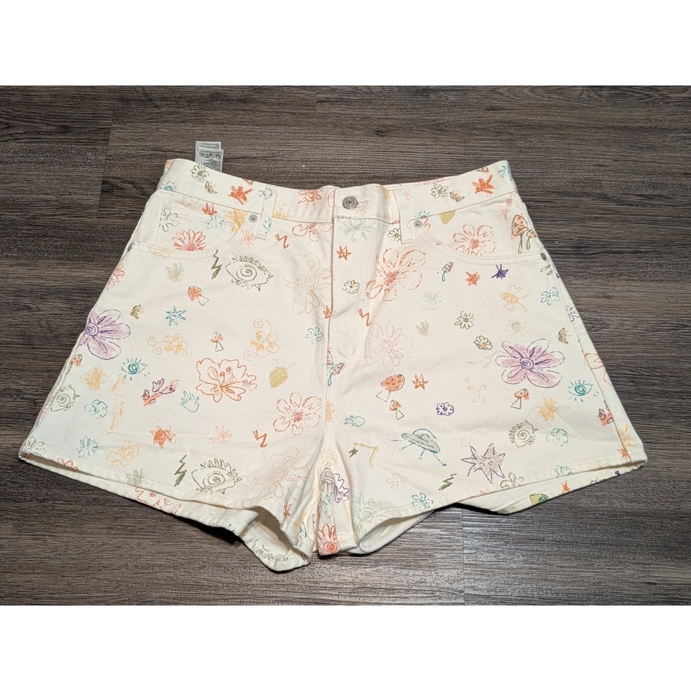 Levis‎ High Waisted Mom Shorts 32 Cream Print Doodle UFO Floral AOP